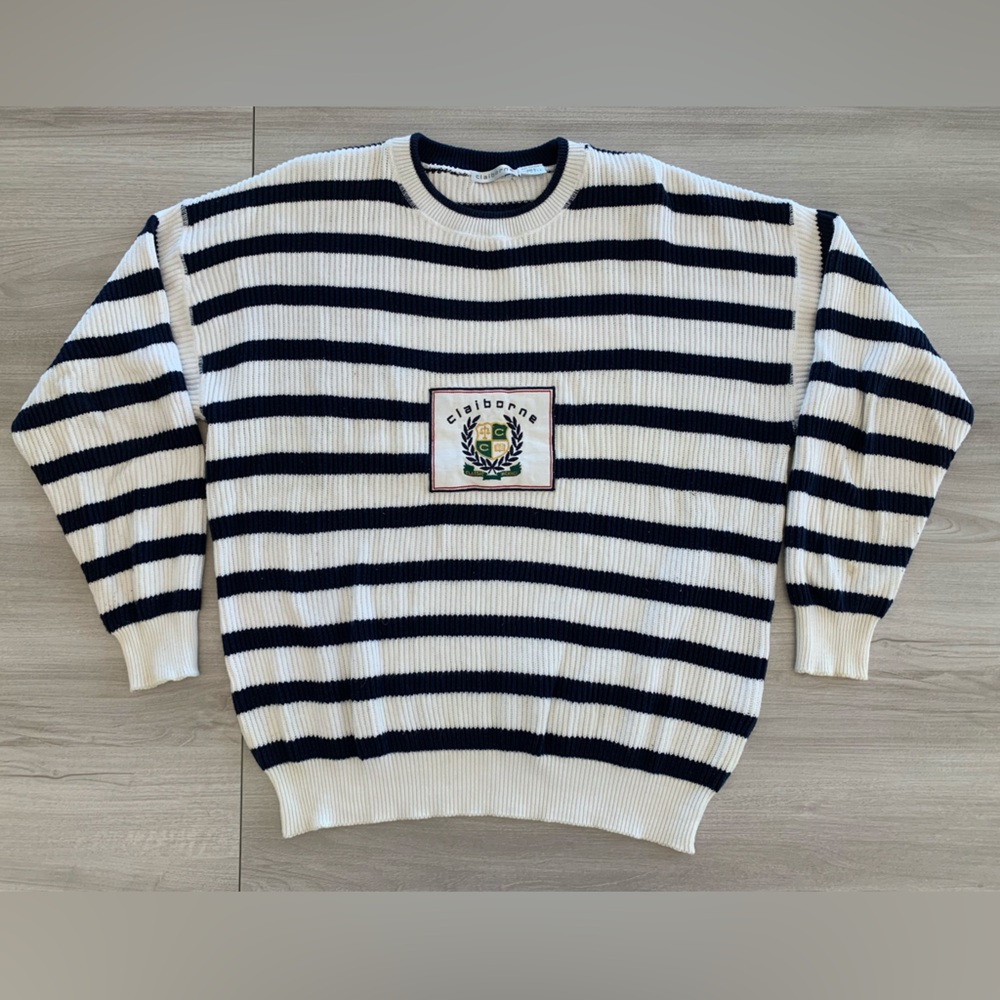 Vtg Claiborne Crewneck Sweater Embroidered Logo 100% Cotton Sz Lg
